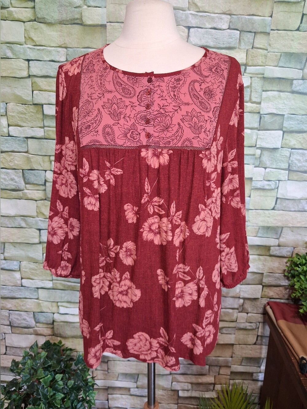 Como Vintage Large Burgundy Pink Floral Peasant Tunic